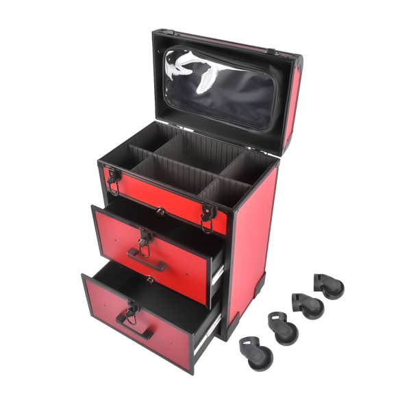 A1-万向轮拉杆美甲纹绣化妆箱 Portable 3-Tier Rolling Makeup Case with Universal Wheels for Makeup, Nail Art, Hair Styling Tools Storage (Red + Black)-5