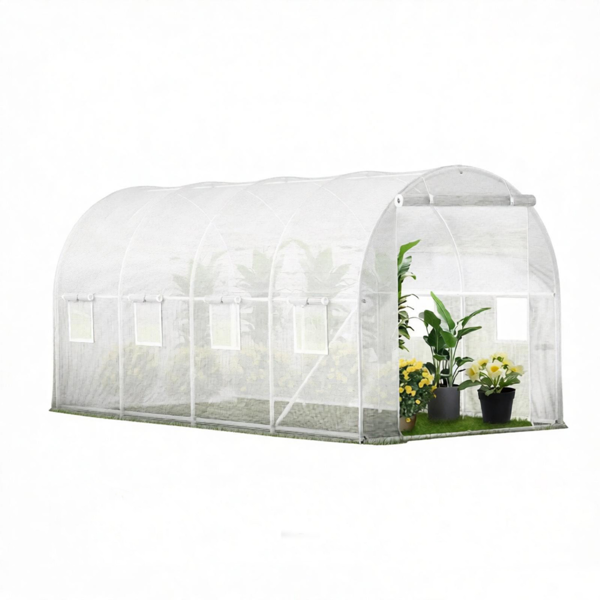 15 x 6.5 x 7英尺步入式温室，带镀锌钢圈的便携式植物温室，1根顶梁和斜杆，拉链门和8扇卷帘窗，白色-2
