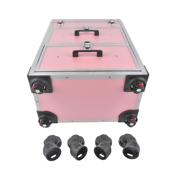 A1-万向轮拉杆美甲纹绣化妆箱 Portable 3-Tier Rolling Makeup Case with Universal Wheels for Makeup, Nail Art, Hair Styling Tools Storage (Pink + Silver)-6