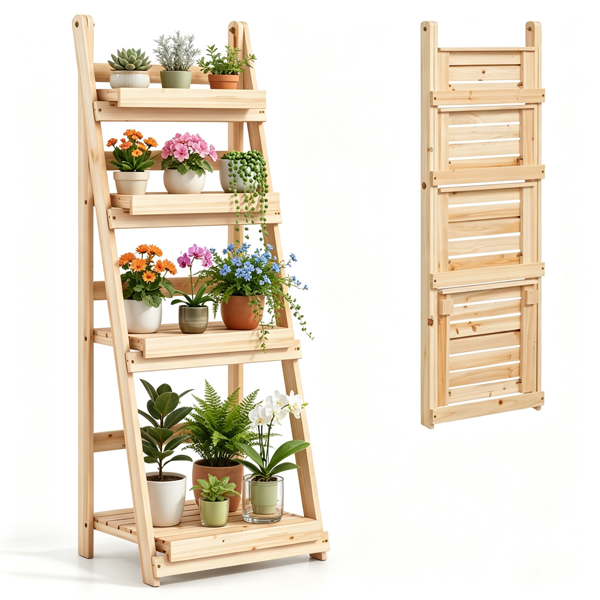 4层阶梯式植物架、可折叠的优质冷杉木花盆架、A形加固展示架、DIY定制的室内外家居花园装饰多功能储物架-自然色-4