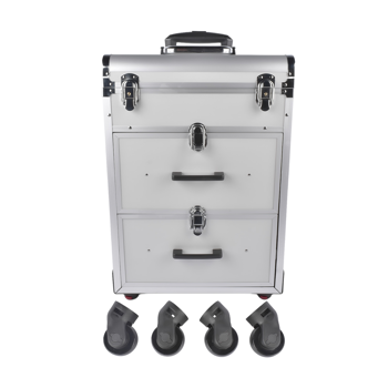 A1-万向轮拉杆美甲纹绣化妆箱 Portable 3-Tier Rolling Makeup Case with Universal Wheels for Makeup, Nail Art, Hair Styling Tools Storage (Silver)