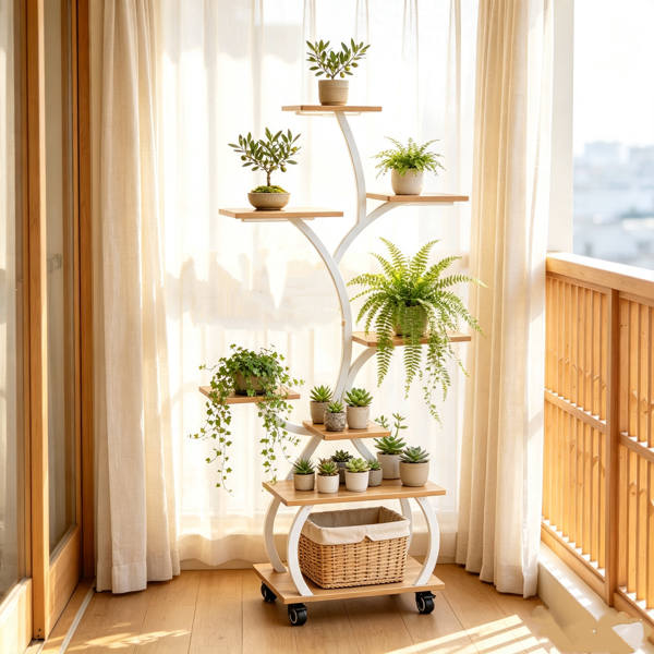 树形 白色铁管+橡木色密度板 一拖三植物生长灯 带4个轮子 127*68*30cm 铁木植物架 美国-9