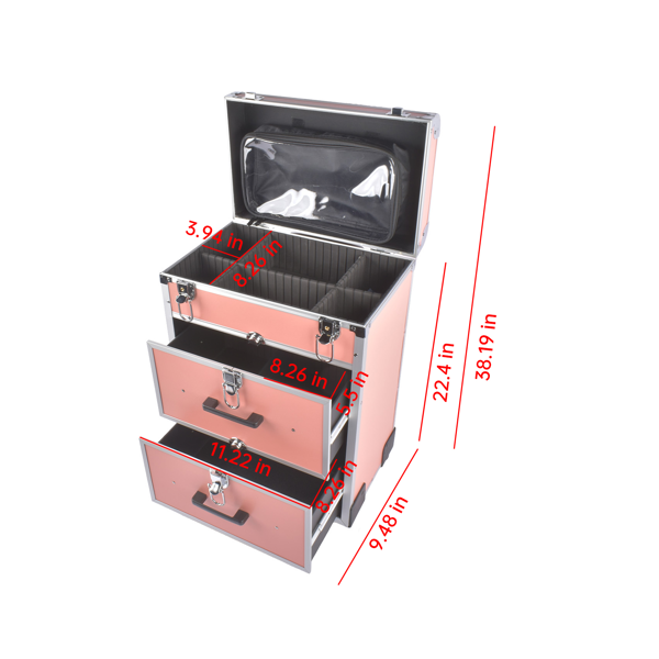 A1-万向轮拉杆美甲纹绣化妆箱 Portable 3-Tier Rolling Makeup Case with Universal Wheels for Makeup, Nail Art, Hair Styling Tools Storage (Coral Pink + Silver)-7