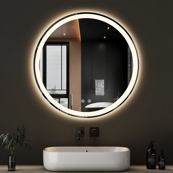 28×28 英寸圆形 LED 浴室镜，防雾，前后双光源调光，3 种色温-1