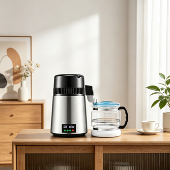 1.1加仑750W台式蒸馏水器，0.3加仑/小时，带温度显示器和0-99H定时器，包括玻璃水瓶、清洁粉和3个碳包，银色