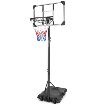 便携式篮球架，28 英寸篮筐，高度 5.6–7 英尺可调，稳固底座带滚轮，室内外通用，透明篮板