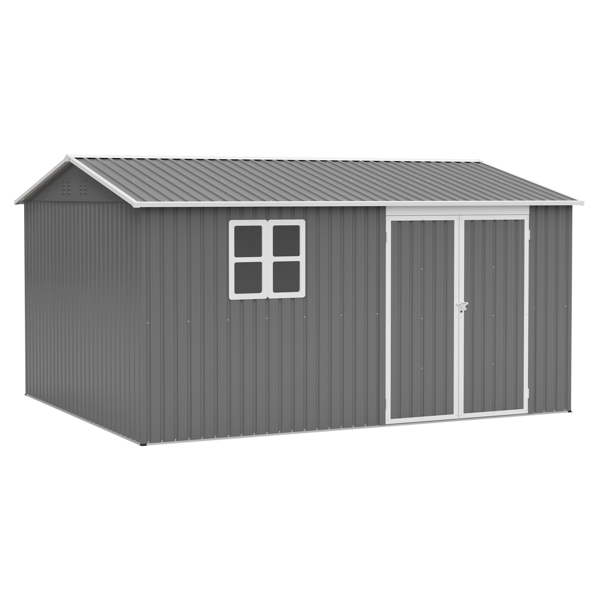 12×10 英尺重型储物棚，户外金属园艺工具房，带窗户与安全锁，防水抗紫外线，配备 4 处通风口、底部支撑框架 —— 大容量庭院储物棚，可存放自行车、工具箱、除草机-11
