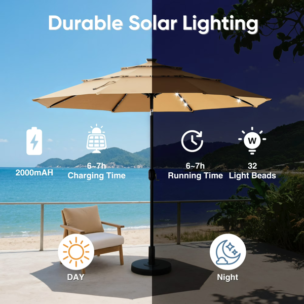10 英尺三层太阳能 LED 庭院伞，可倾斜调节，抗紫外线涤纶面料，户外商用遮阳伞，卡其色-4