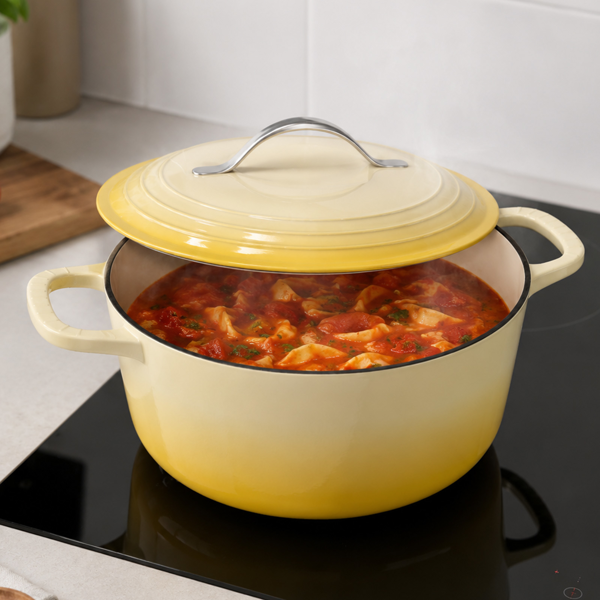不锈钢手柄 7.5QT 7.1L 圆形 珐琅锅 黄色渐变 含手套 隔热垫-9