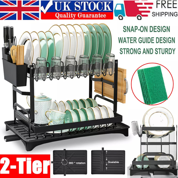 UK 2层碗碟架盘子杯干燥沥水架储物滴水盘餐具架-3