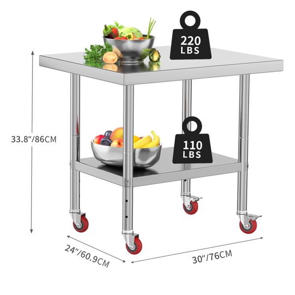 30×24 英寸不锈钢商用工作台，NSF 食品安全认证，下层隔板可调，高承重商用后厨操作台-2