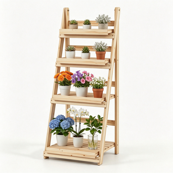 4层阶梯式植物架、可折叠的优质冷杉木花盆架、A形加固展示架、DIY定制的室内外家居花园装饰多功能储物架-自然色