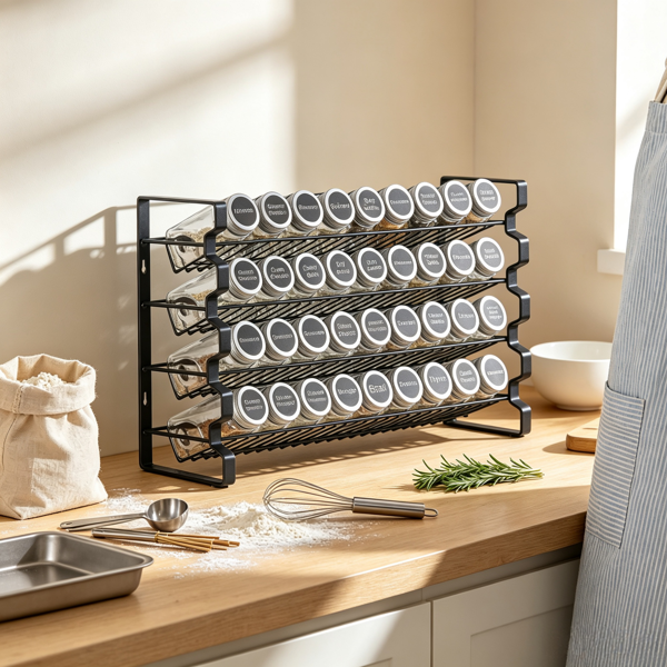 橱柜用香料架整理器（18x11“），调味品收纳套装，带36个罐子、标签和漏斗-6