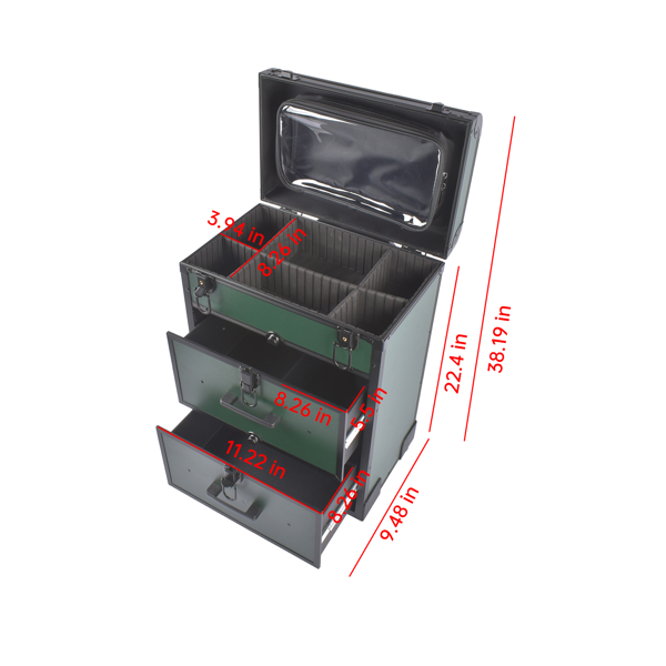 A1-万向轮拉杆美甲纹绣化妆箱 Portable 3-Tier Rolling Makeup Case with Universal Wheels for Makeup, Nail Art, Hair Styling Tools Storage (Dark Green + Black)-7