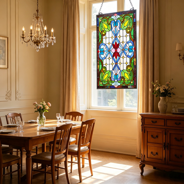 蒂芙尼风格彩色玻璃窗面板17 x 29英寸，复古悬挂横梁，带链条，用于厨房和家居装饰-1