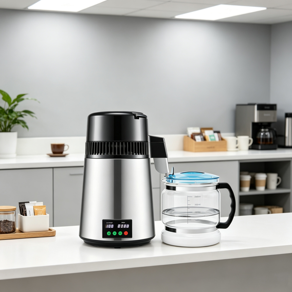 1.1加仑750W台式蒸馏水器，0.3加仑/小时，带温度显示器和0-99H定时器，包括玻璃水瓶、清洁粉和3个碳包，银色-3