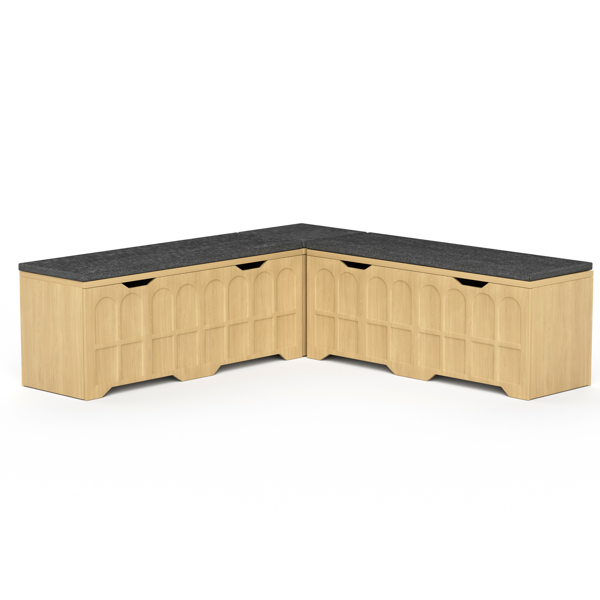 三件套L型多功能储物长凳，带软垫鞋凳，可用作厨房转角凳、玩具收纳箱或阅读角座椅，原木色，尺寸：深63英寸 x 宽63英寸 x 高19.1英寸-3
