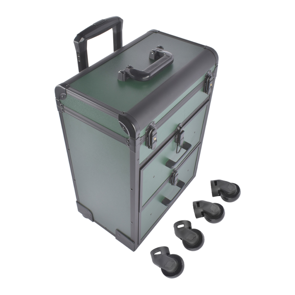 A1-万向轮拉杆美甲纹绣化妆箱 Portable 3-Tier Rolling Makeup Case with Universal Wheels for Makeup, Nail Art, Hair Styling Tools Storage (Dark Green + Black)-2