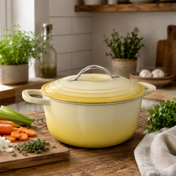 不锈钢手柄 7.5QT 7.1L 圆形 珐琅锅 黄色渐变 含手套 隔热垫