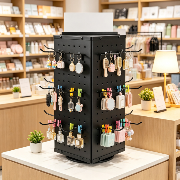 7.4 x 7.4 x 17英寸旋转钉板展示架，4面旋转零售收纳架，带24个挂钩，适用于杂货店和珠宝店-6
