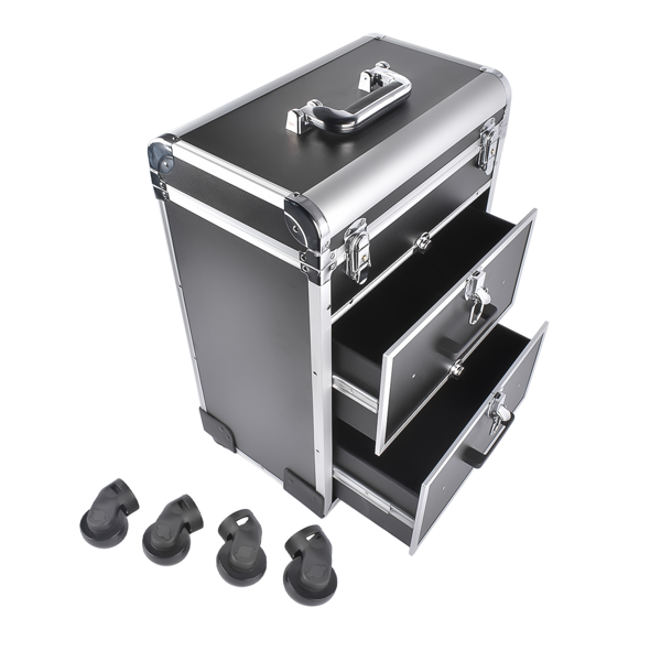 A1-万向轮拉杆美甲纹绣化妆箱 Portable 3-Tier Rolling Makeup Case with Universal Wheels for Makeup, Nail Art, Hair Styling Tools Storage (Black + Silver)-5