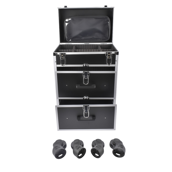 A1-万向轮拉杆美甲纹绣化妆箱 Portable 3-Tier Rolling Makeup Case with Universal Wheels for Makeup, Nail Art, Hair Styling Tools Storage (Black + Silver)-6