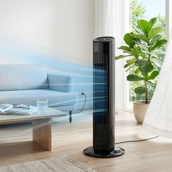 美规 RTW-AR 塔扇 110V 45W 32英寸 柱形塔扇 触控 带遥控  塑料机身 铜电机 黑色 3档 3种模式 可摇头 7.5小时定时 家用-14