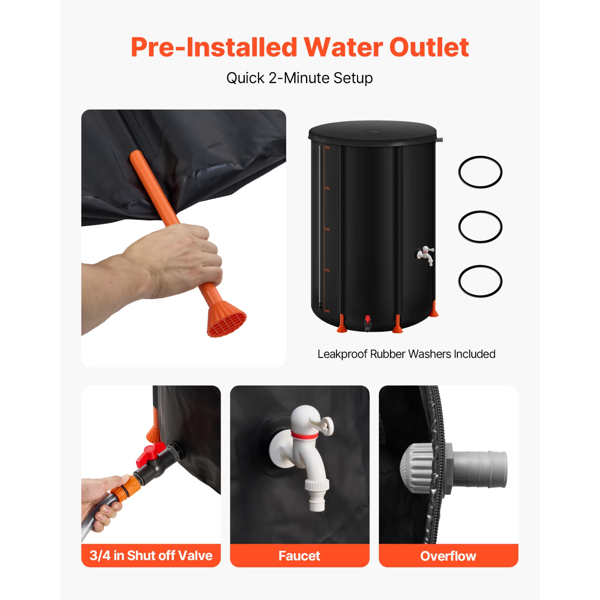 可折叠雨水收集桶，100 加仑便携储水系统，1000D 加厚 PVC 储水箱，带水龙头与溢流配件，黑色-3