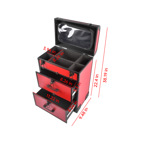 A1-万向轮拉杆美甲纹绣化妆箱 Portable 3-Tier Rolling Makeup Case with Universal Wheels for Makeup, Nail Art, Hair Styling Tools Storage (Red + Black)-7