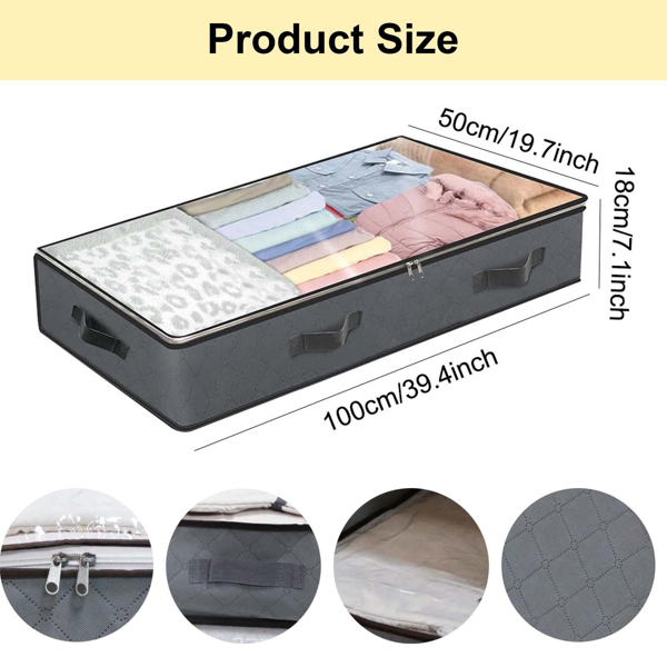 4 pcs 黑色/灰色透明长度100*宽度50*高度18cm亚马逊无纺布床底棉被收纳袋衣柜衣服防尘防潮整理袋可折叠收纳箱-3