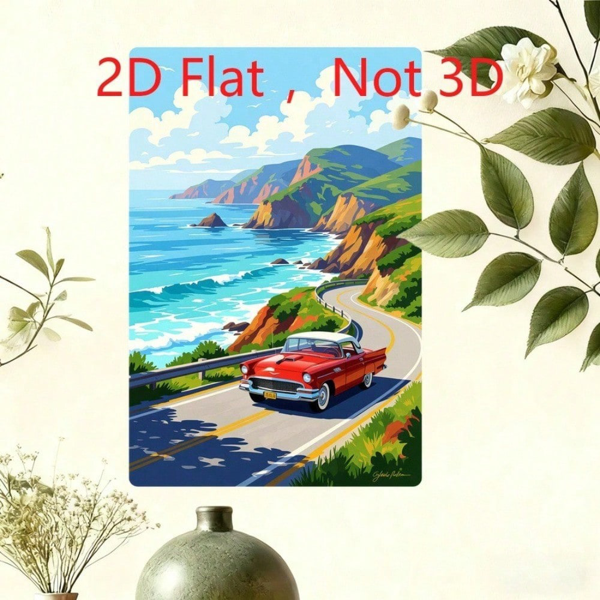 CIFbuy 复古红色经典老爷车2D印刷铁皮装饰画，海岸公路海景，20x30厘米（TikTok, temu 自提物流）-5