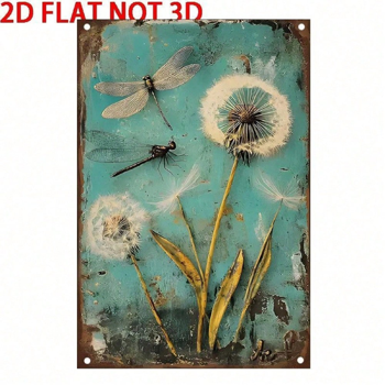CIFbuy 2D平面金属铁皮招牌 复古蜻蜓蒲公英墙饰 家居装饰 8x12英寸（TikTok, temu 自提物流）