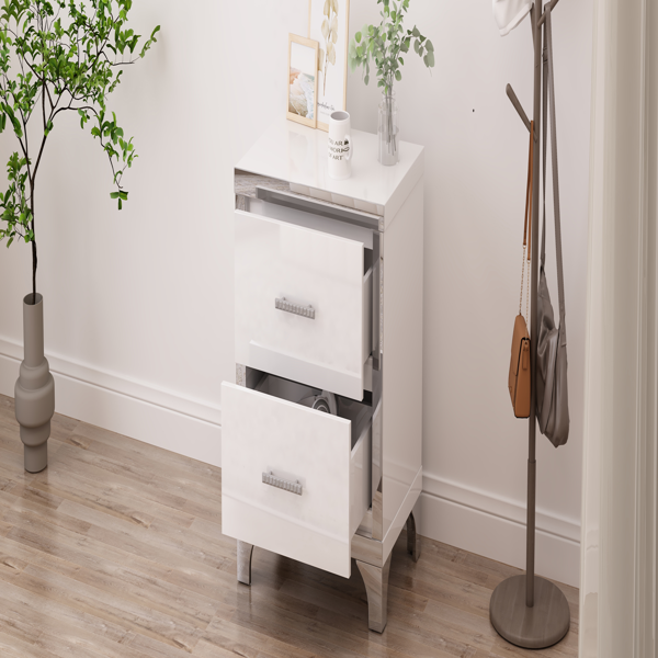Elegant High Gloss Nightstand with Metal Handle,Mirrored Bedside Table with 2 Drawers for Bedroom,Living Room,White-12