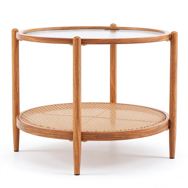 【禁售AM】双层 茶几 热转印木纹 CTR0RWS 65*65*47cm 圆形 水波纹玻璃 PE藤 铁-2