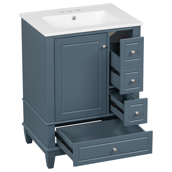 24" Bathroom Vanity with Sink and Drawers, Gray Blue Freestanding Vanity Cabinet with Ceramic Top and Storage Shelves, MDF and Solid Wood Base, Modern Sink Cabinet for Small Bathrooms-28