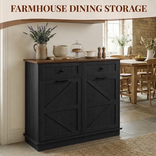 Tilt Out Trash Can Cabinet for Kitchen, Double 10-Gallon Hidden Trash Cabinet with Drawer, Farmhouse Wooden Garbage Cabinet, Dog Proof Trash Can Storage for Kitchen Laundry Living Room Office-3