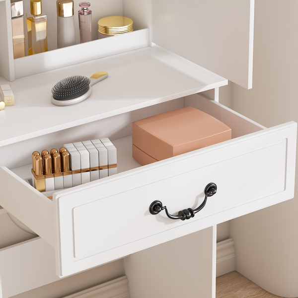Modern Mini Dressing Table with LED-lit Mirror & Hidden Storage,Includes Padded Stool,Adjustable Brightness Vanity Desk,Multi-tier Dust-proof Shelves,White-6
