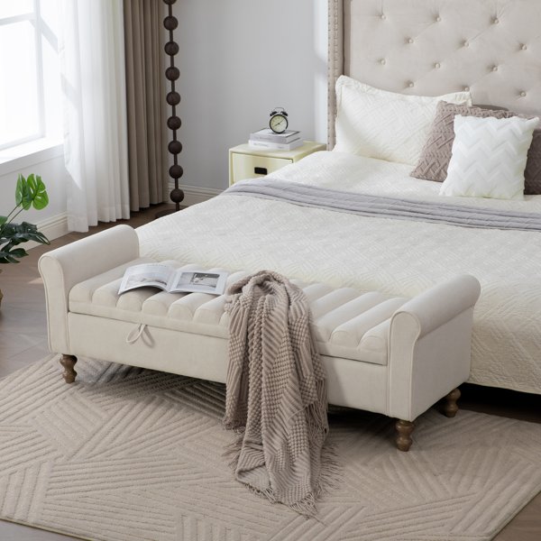 65.55" Wide Modern Upholstered  Storage Bench , Napped fabric Bed End Foot Stool With Rolled Armrest, Bench Daybed With Rubberwood Legs For Living Room, Entryway, Dormitory, Bedroom,Beige-4
