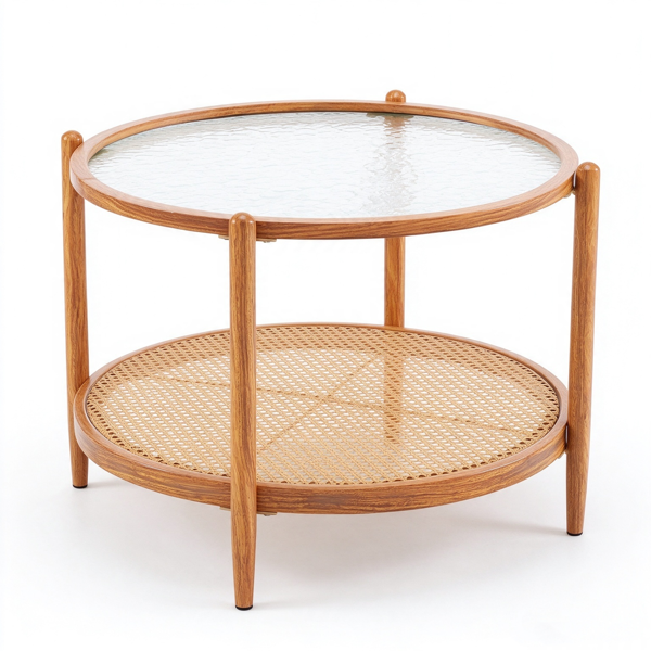 【禁售AM】双层 茶几 热转印木纹 CTR0RWS 65*65*47cm 圆形 水波纹玻璃 PE藤 铁-1