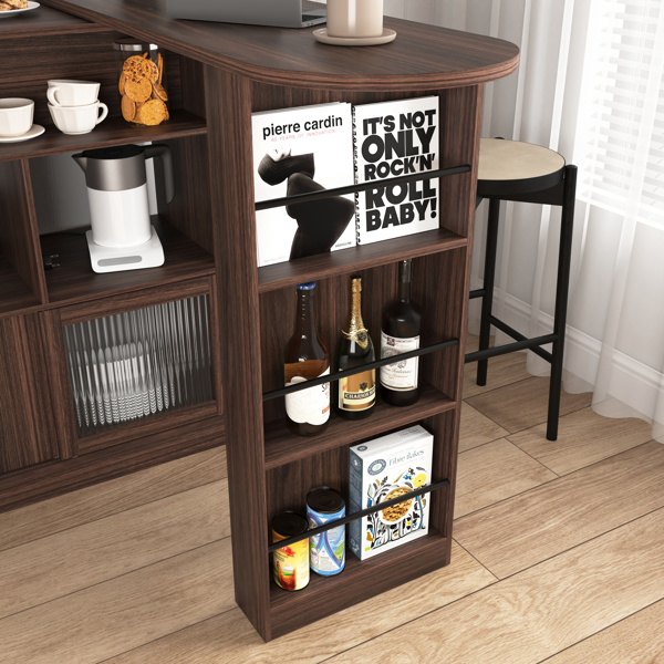 Modern Bar Cabinet with Rotating top, Counter Height Dining Cabinet with 6 Storage space and 2 Ribbed Glass Door for Kitchen, The Rotating Top with 3 Storage Shelves Dining Room, Living Room, Walnut-10