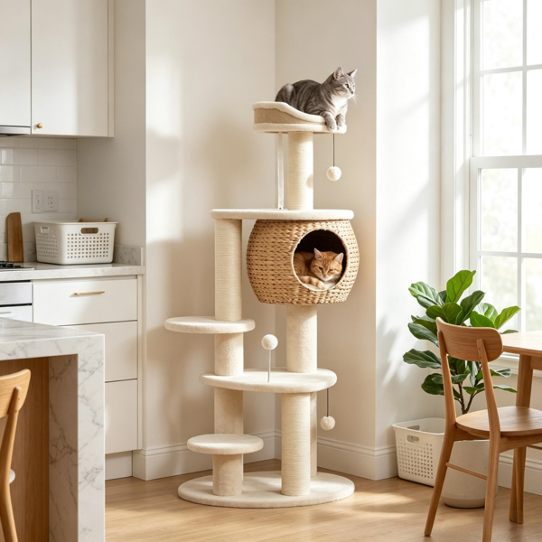 猫树52英寸猫塔，带手工编织的猫尾巴公寓床平台3根抓杆3个玩具球-5