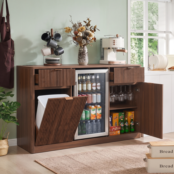 K&K 59" Coffee Bar Cabinet with Fridge Space & Tilt-Out Trash Cabinet, Mini Fridge Wine Cabinet with Storage/Charging Station, Fluted Buffet Sideboard with Glass Holder for Dining Room, Walnut Brown-27