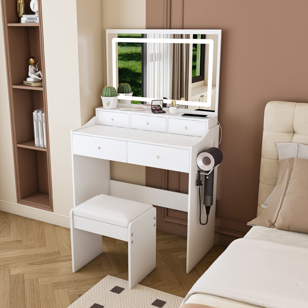 New Large Mirror Vanity Desk for Bed room  , Modern Makeup Vanity Set with Power Outlet and Hair dryer holder, 5 Drawers , 3 Lighting Color Adjustable Dressing Table for Bedroom, White Color-4
