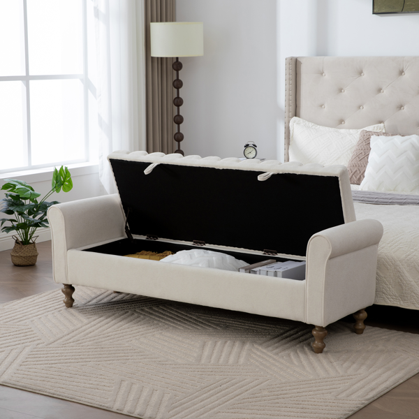 65.55" Wide Modern Upholstered  Storage Bench , Napped fabric Bed End Foot Stool With Rolled Armrest, Bench Daybed With Rubberwood Legs For Living Room, Entryway, Dormitory, Bedroom,Beige-5