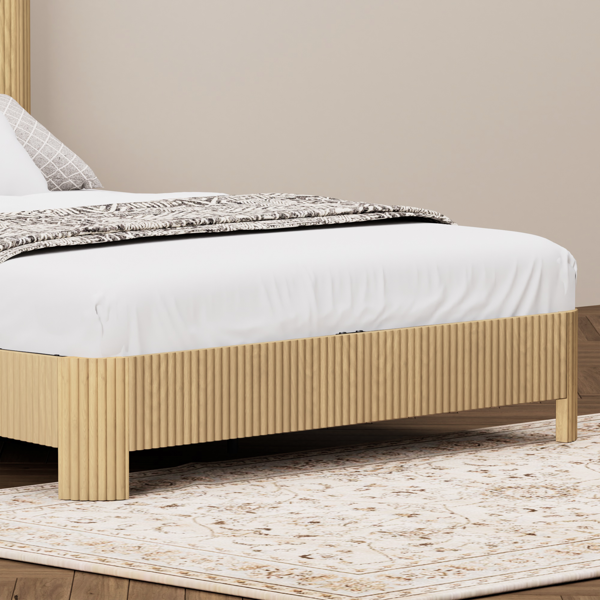 Full Extra Long(Full XL) Size bed frame with storage headboard, built-in charging station, wavy curved lines design, silent operation, metal support, Natural-10
