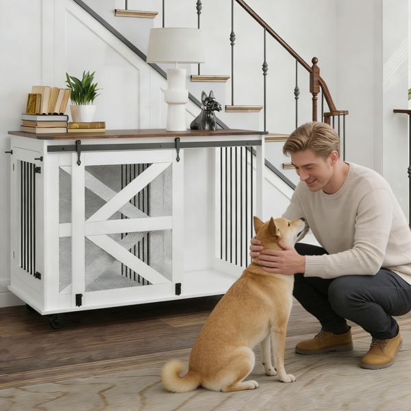 47.2" Mobile Dog Crate with Flip-Top Feeding Door, Dual-Access & 5 Caster System (2 Locking), Side Hooks - Multi-Functional Pet Kennel,double dog crate furniture-6