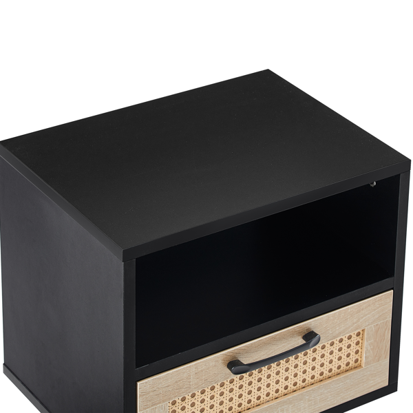 15.75" Rattan End table with  drawer and solid wood legs, Modern nightstand, side table for living room, bedroom, black-13