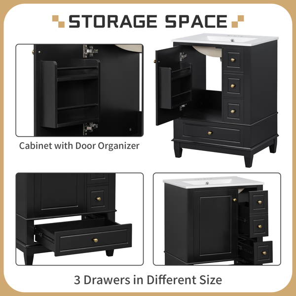 24" Bathroom Vanity with Sink and Drawers, Black Freestanding Vanity Cabinet with Ceramic Top and Storage Shelves, MDF and Solid Wood Base, Modern Sink Cabinet for Small Bathrooms-10