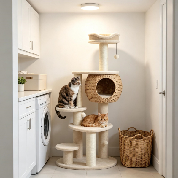 猫树52英寸猫塔，带手工编织的猫尾巴公寓床平台3根抓杆3个玩具球-4