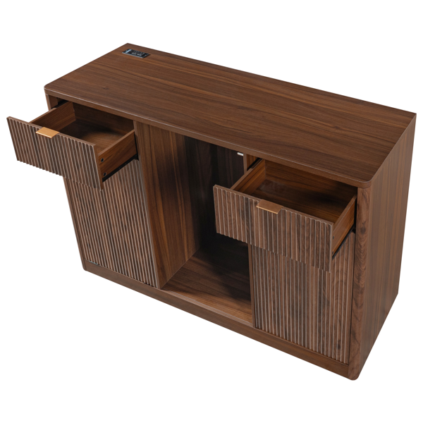 K&K 59" Coffee Bar Cabinet with Fridge Space & Tilt-Out Trash Cabinet, Mini Fridge Wine Cabinet with Storage/Charging Station, Fluted Buffet Sideboard with Glass Holder for Dining Room, Walnut Brown-7
